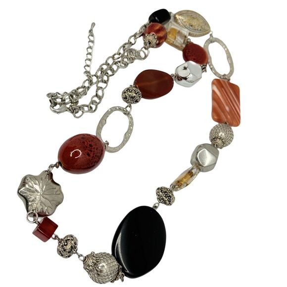 Glass Beaded Long Necklace 33" Silver Tone Boho Chic Bohemian - Picture 8 of 9